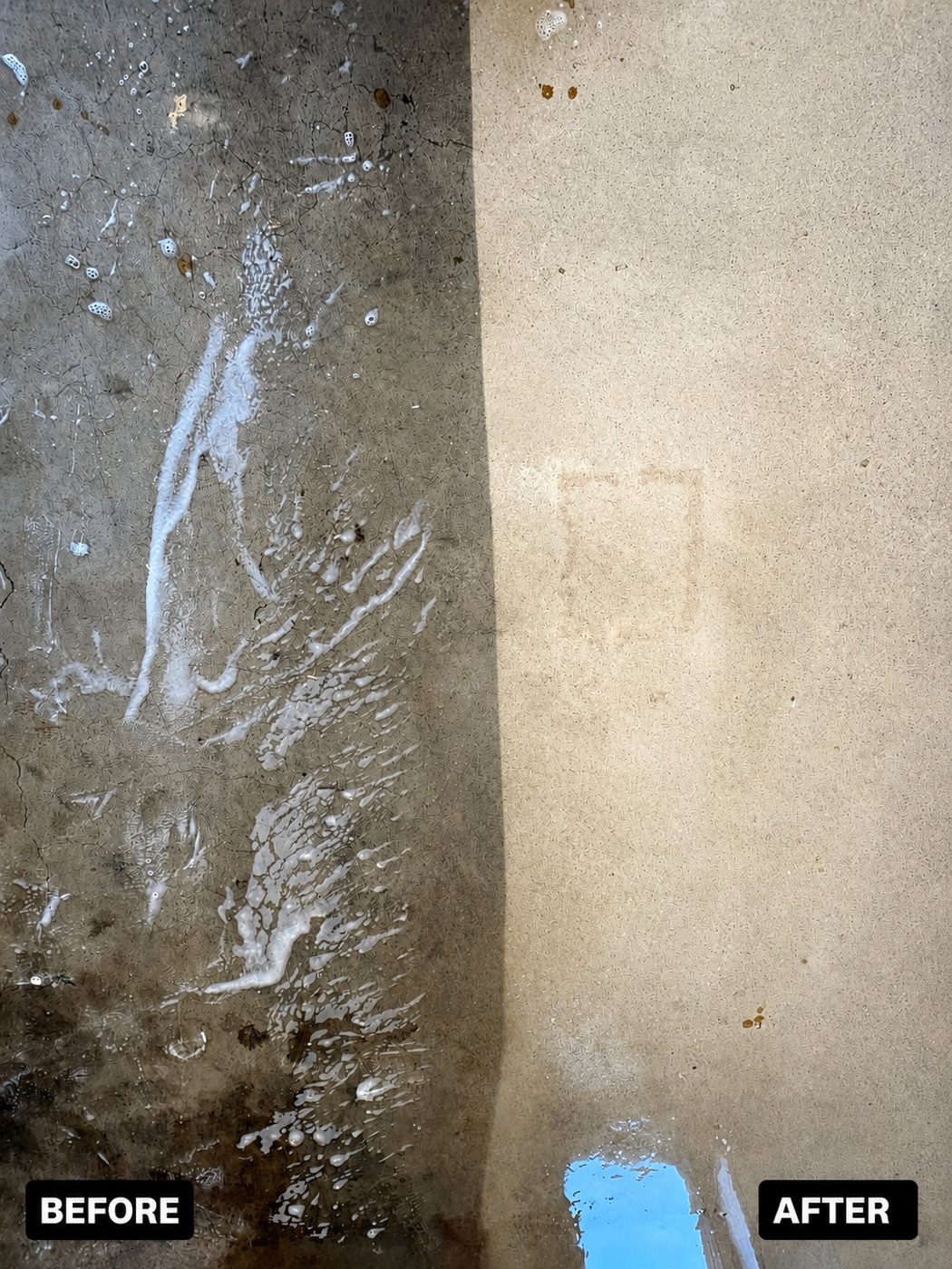 Concrete patio flatwork before and after cleaning by Dirt Gone Wash Co